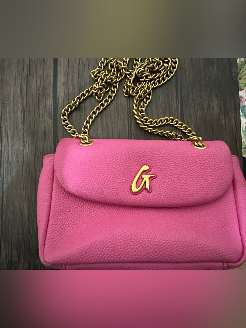 Bright Pink Pebbled Leather Crossbody with Gold Chain